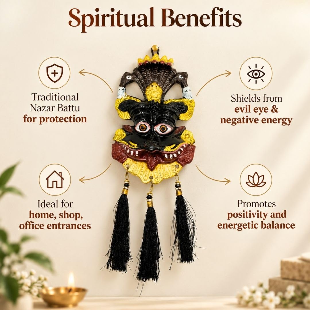 Metal Nazar Battu for Home Entrance, Approx. 10 Inch Hand-Painted Kirtimukh Door Hanging | Naag Ganesha Suraksha Kavach, Evil Eye Protection Décor for Main Door, Home & Office