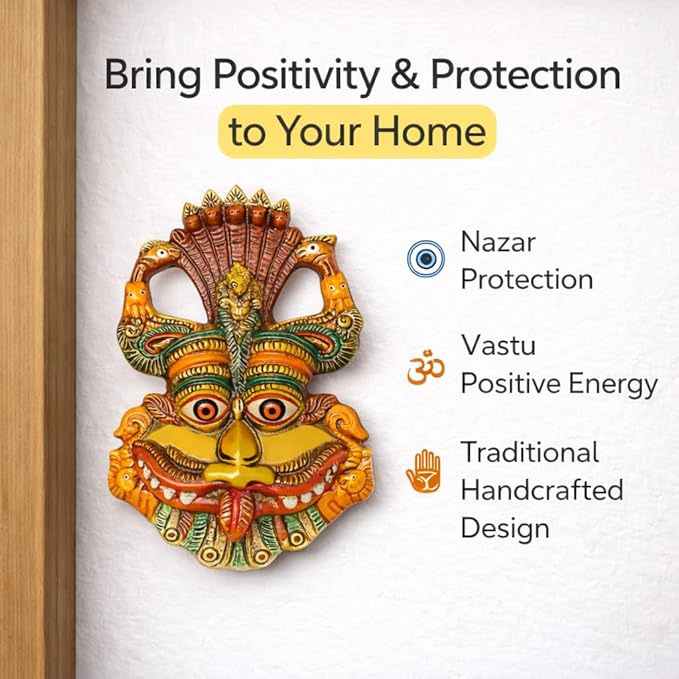 Multicolour Kirtimukha for Wall Hanging — Traditional Narsingh Nazarbattu Door Protector for Home Entrance (14 x 10.2 cm, 200 g) — Vastu Evil Eye/Nazar Protection Decorative Face
