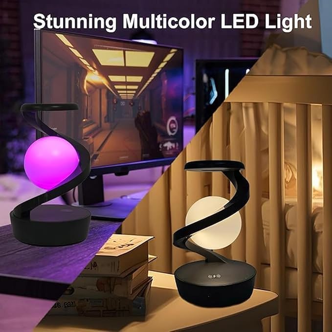 Rotating Suspension LED Table Lamp with Wireless Charger, Magnetic 360° Floating RGB Night Light, Creative Light for Bedroom/Living Room/Party/Birthday Gift (White)