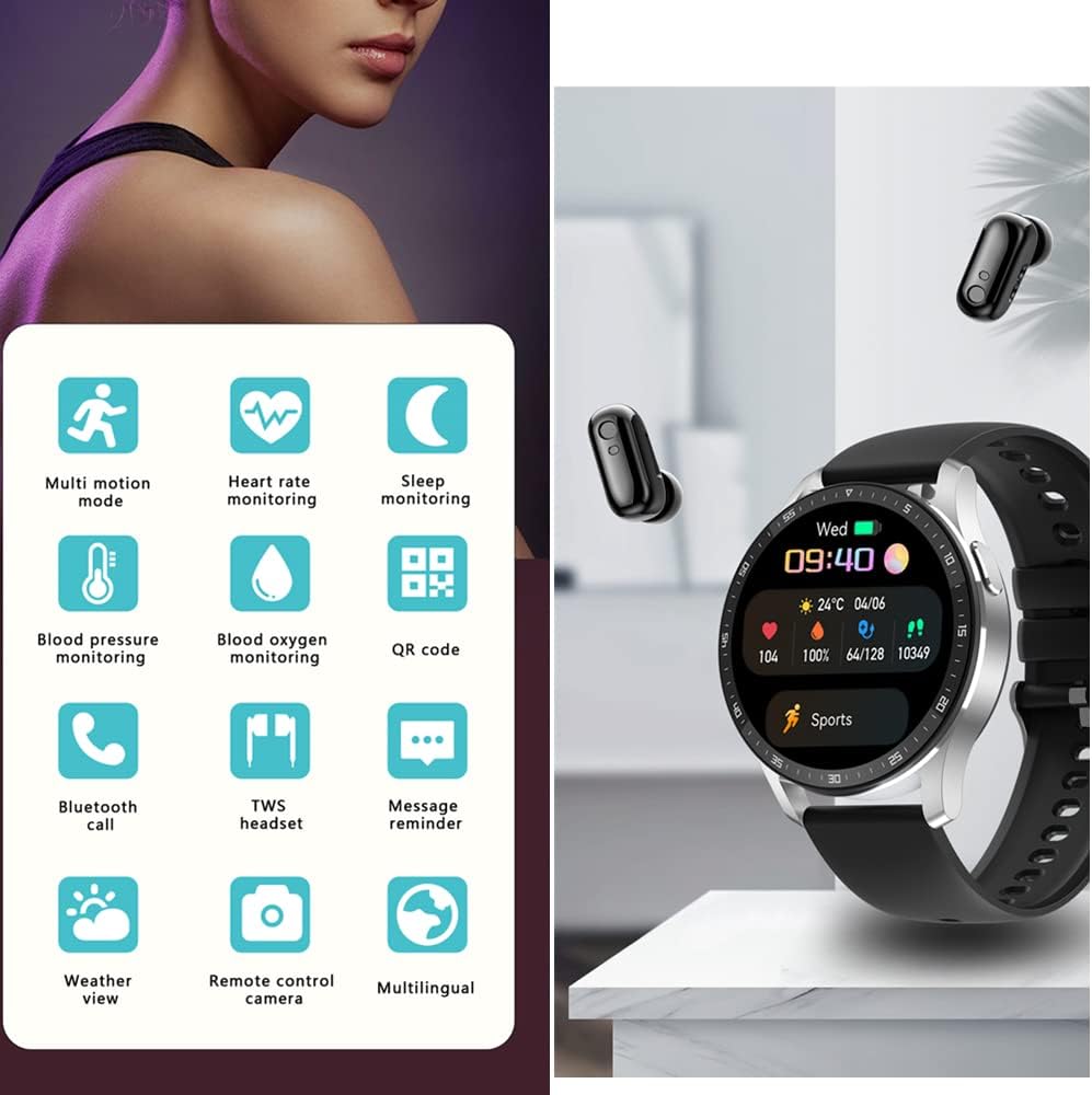 Smart Watch with Earbuds,2 in 1 TWS Smartwatches,1.43" Colorful Smartwatch for Waterproof Fitness Tracker Long Time Standby (Black)