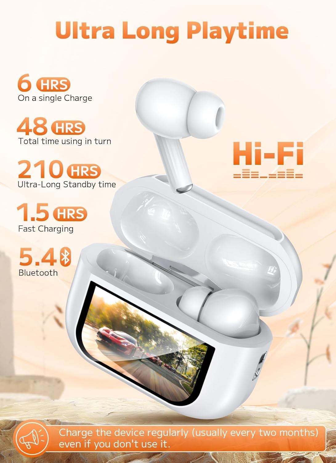 Smart Touchscreen Bluetooth Earbuds with ANC Noise ENC HD Calls, Full-Color Display Case, Type-C Fast Charging, Music & Touch Control Wireless in-Ear Headphones