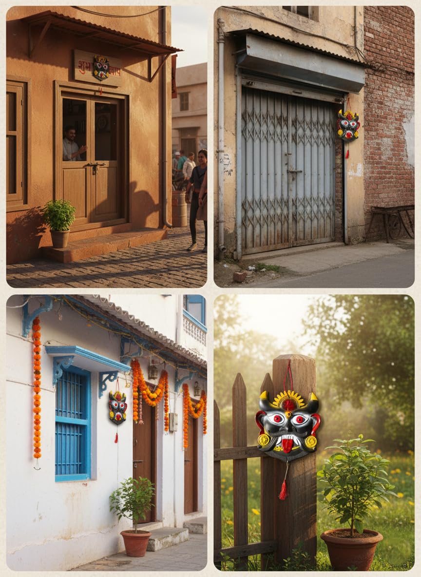 Nazar Battu for Home Entrance Wall Hanging | Hand-Painted Hard Plastic kirtimukha Face for Home Door Entrance | Nazar Suraksha Kavach | Evil Eye Protection (Large, Multicolor)