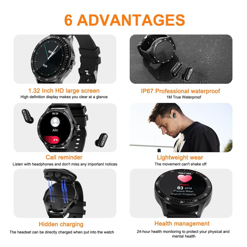 Smart Watch with Wireless Earbuds, 2-in-1 for Men and Women | Bluetooth Calling, Waterproof, Sleep Monitoring, Fitness Tracking