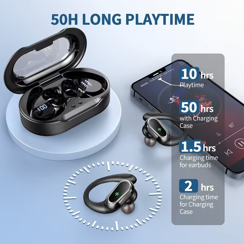 Wireless Earbuds, 2026 Bluetooth 5.4 Headphones Sport, Bluetooth Earbuds with ENC Noise Canceling Mic, 60H Stereo Waterproof with Earhooks, Dual LED Display